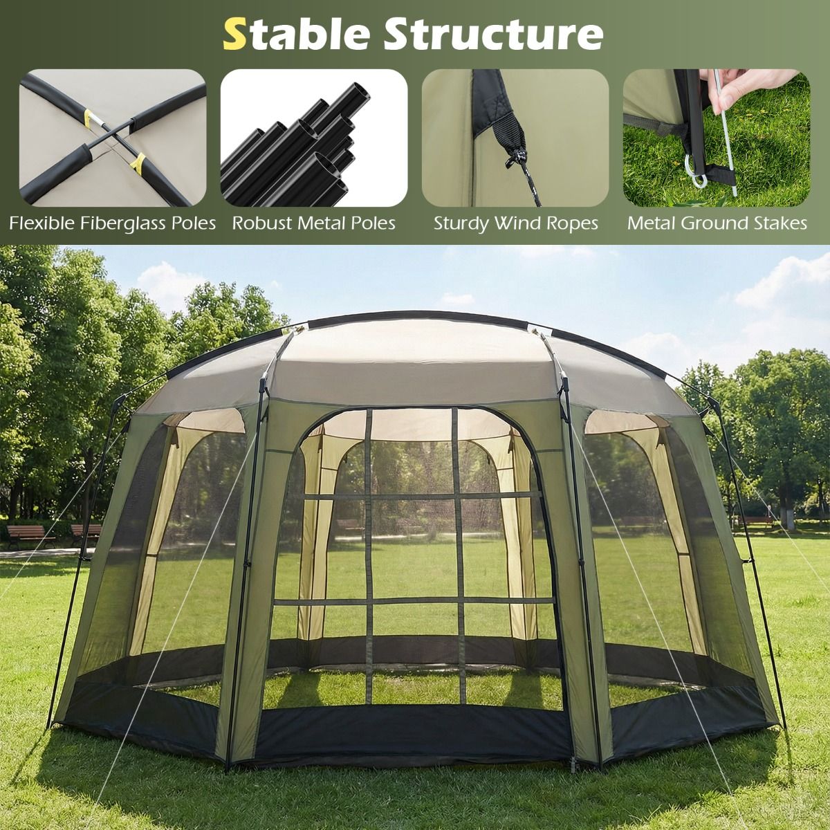 Coast Campingtent met Muskietennet - Opvouwbare Tuintent voor 6 tot 8 Personen - 380 x 355 x 225 cm - Groen/Zwart