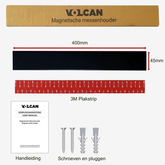 Volcan Messenmagneet - 3M Tape - Magnetische Messenhouder - 40CM - Industrieel - Messenhouder Zelfklevend - RVS
