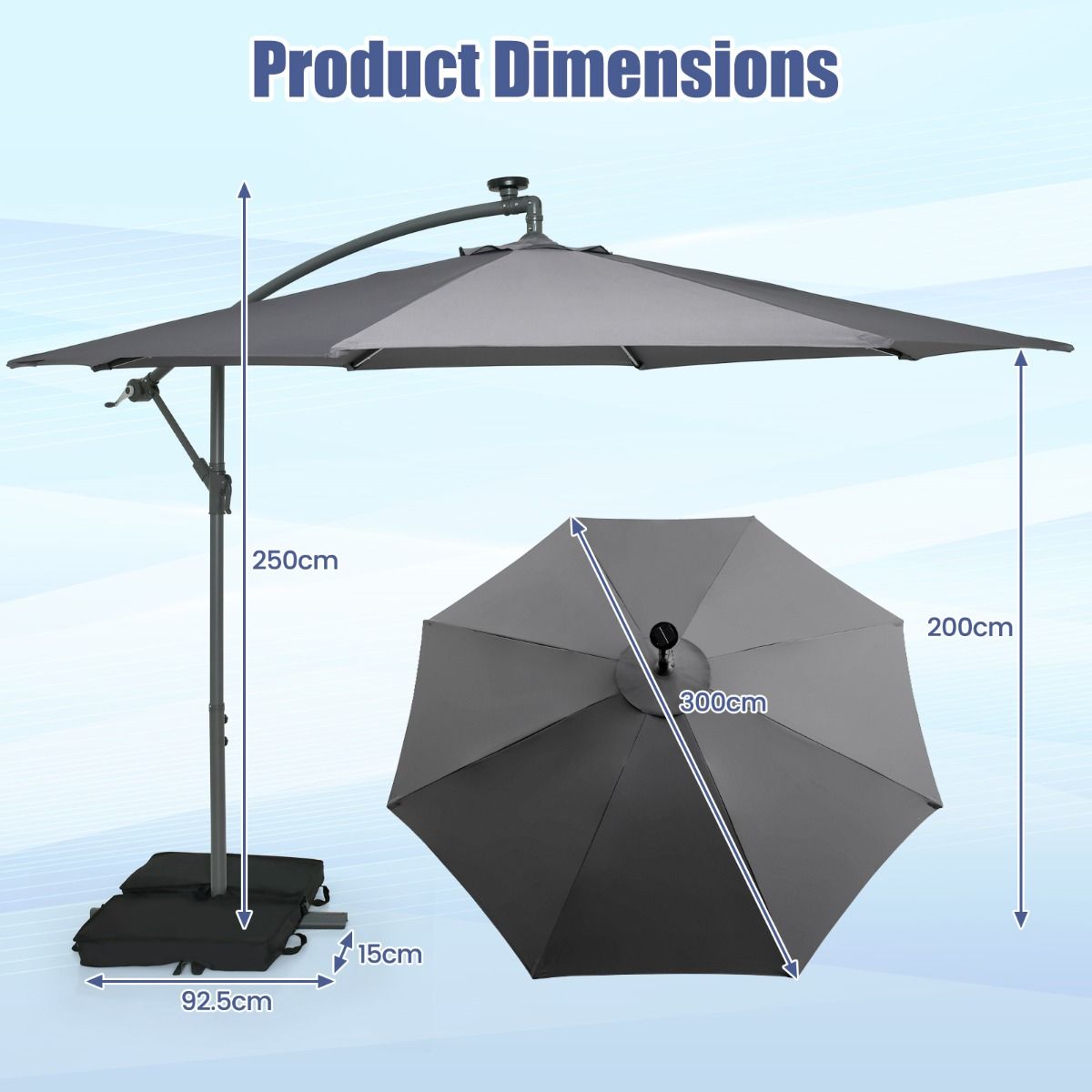 Coast Tuinparasol met LED-verlichting - 3 meter - Kantelbaar - Inclusief zandzakken - Donkerblauw