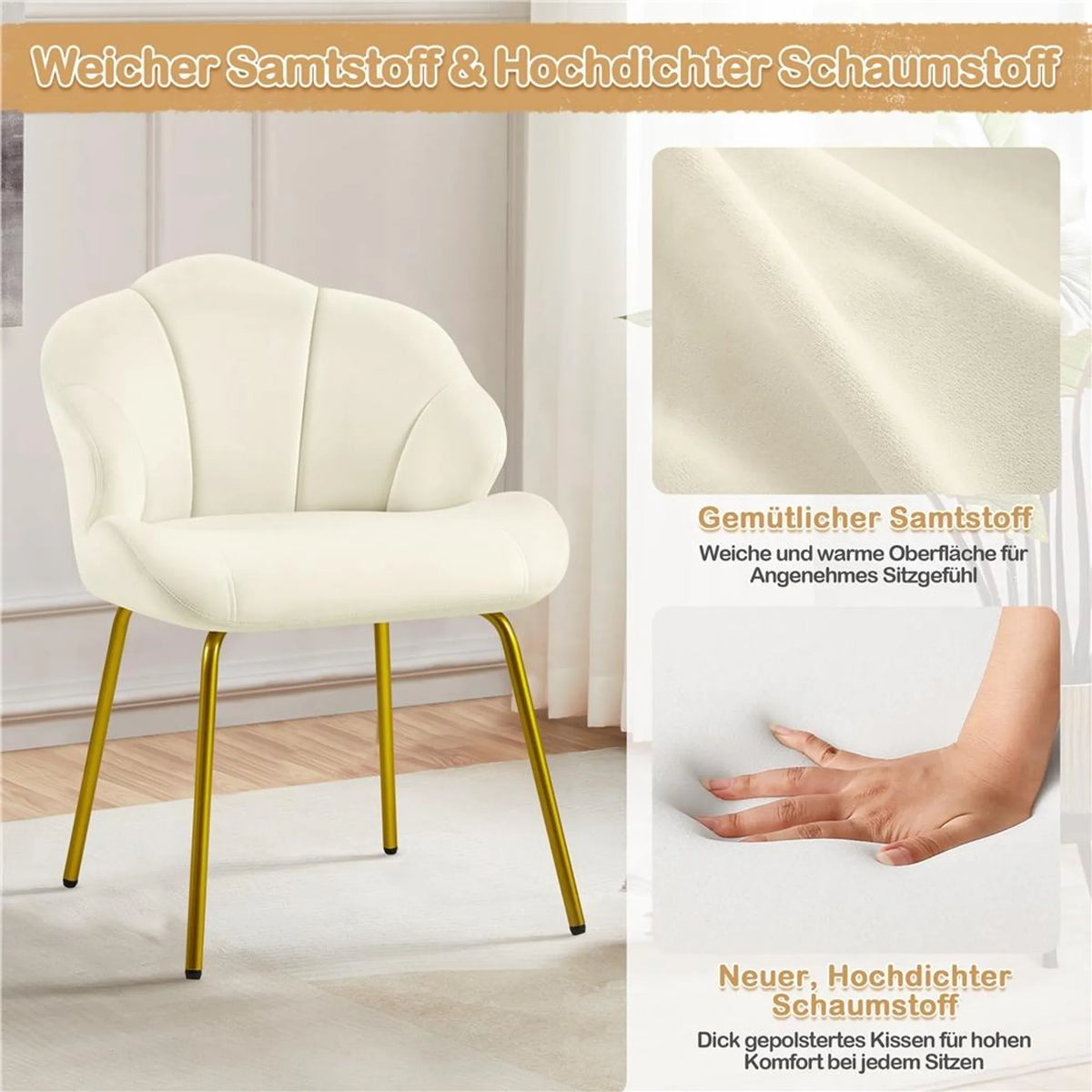 Yaheetech Eetkamerstoel in Schelpvorm - Gestoffeerd met Metalen Poten - 56 x 57 x 78 cm - Beige