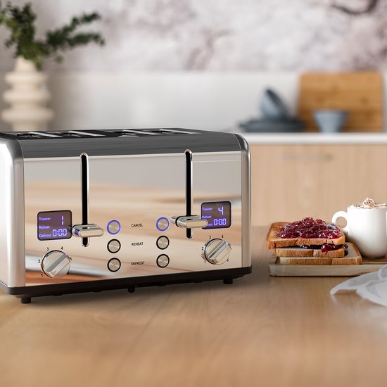 KitchenBrothers Broodrooster - Toaster - 6 Warmteniveaus - 4 Extra Brede Sleuven - 1630W - RVS/Zilver