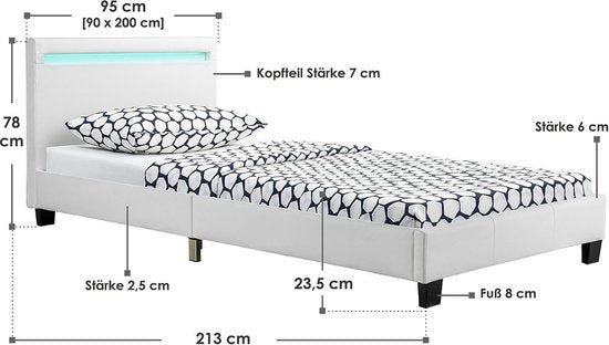 Gestoffeerd Bed Verona - 90 x 200 cm - Wit - LED Verlichting