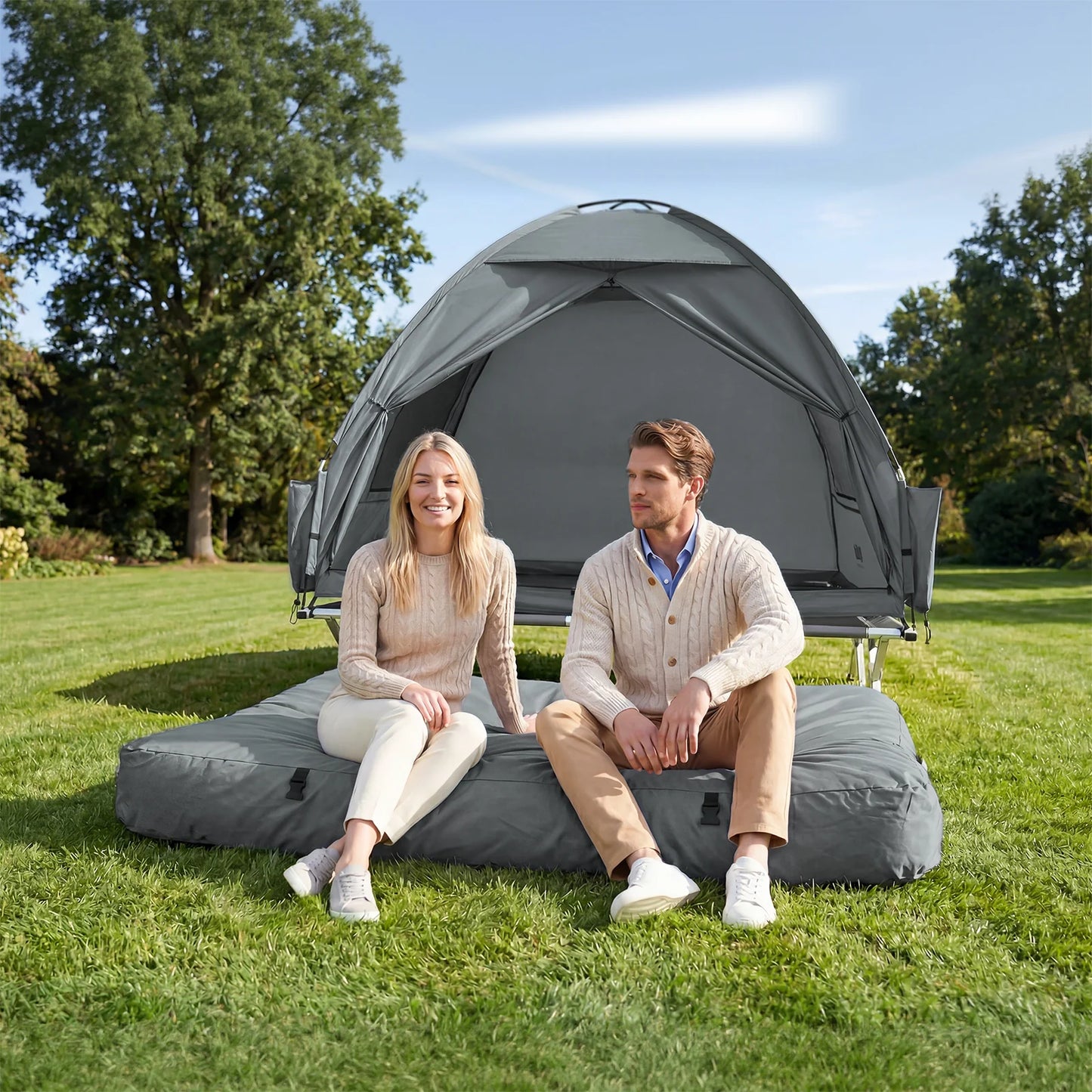 SoBuy OGS32-II-L-HG-P01 Opblaasbaar 2-Persoons Campingmatras Grijs – Met Kussens, Hoeslaken en Pomp 191×137 cm