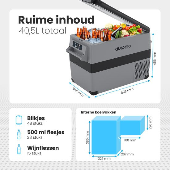 Auronic Compressor Koelbox Elektrisch 12V en 230 volt - Camping Koelkast - 5 Standen - 40.5L - Frigobox - Grijs