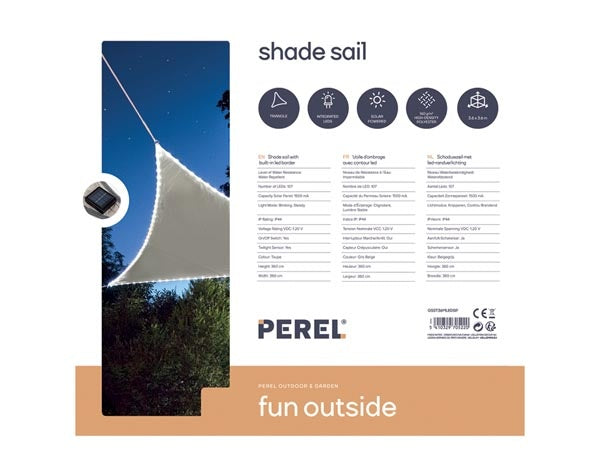 Perel Schaduwdoek met 107 leds, waterafstotend, 3.6 x 3.6 x 3.6 m, 160 g/m², IP44, zonne-energie, polyester, driehoek, taupe
