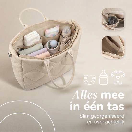 Mommsy Luiertas – Verzorgingstas – Mom Bag – Thermo Vak – Gewatteerde Puffer Stof – Mommy Bag – Extra Ruim – Waterafstotend – Organizer – Lichtgewicht– Beige