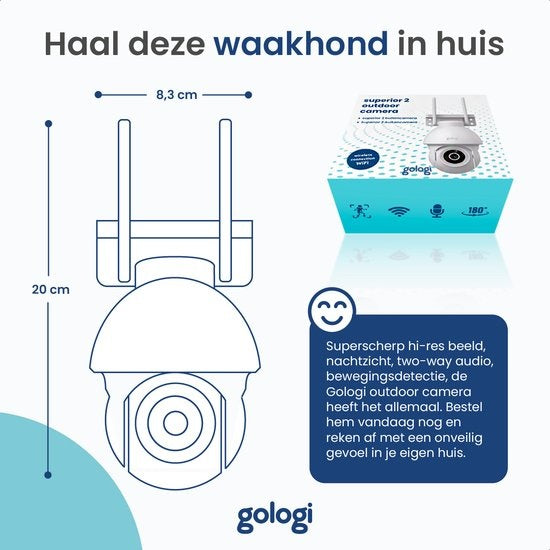 Gologi Superior Outdoorcamera 2 - Buiten camera met nachtzicht - Beveiligingscamera - Security camera - Muur & Dakbevestiging - 4MP - Met wifi en app - Zwart