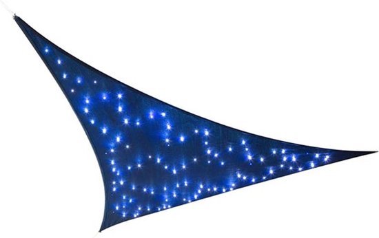 Perel Schaduwzeil met 100 leds, sterrenhemel, luifel voor tuin terras, schaduwdoek, waterdoorlatend, 90 % uv-bescherming, 3 roestvrijstalen ringen, 3.6 x 3.6 x 3.6 m, 180 g/m², HDPE, driehoek, donkerblauw