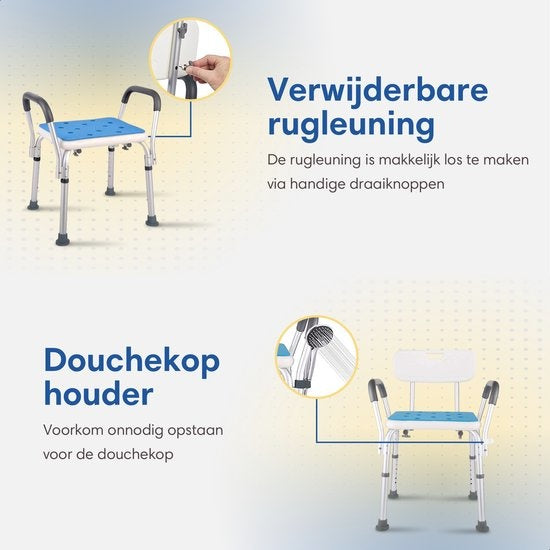 SafeLife – Douchestoel Met Rugleuning – In 6 Hoogtes Verstelbaar & Anti-slip Poten – Voorzien Van Gevoerd Zitvlak En Afneembare Armleuningen – Voor Ouderen En Revalidatie – Wit Aluminium