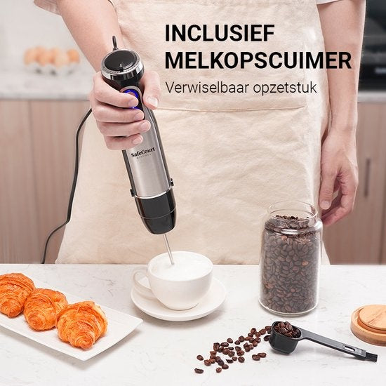 Safecourt Kitchen Staafmixer Set -  5 in 1 Multifunctionele Staafmixer - 20 Snelheden - 1000 Watt - Hakmolen - Inclusief Melkopschuimer & Maatbeker