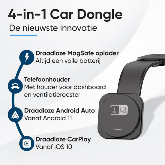 CarMe 4-in-1 CarPlay Dongle Pro - Met Draadloze Oplader - Draadloos CarPlay & Android Auto - Android Auto Dongle - MagSafe Autohouder - Zwart