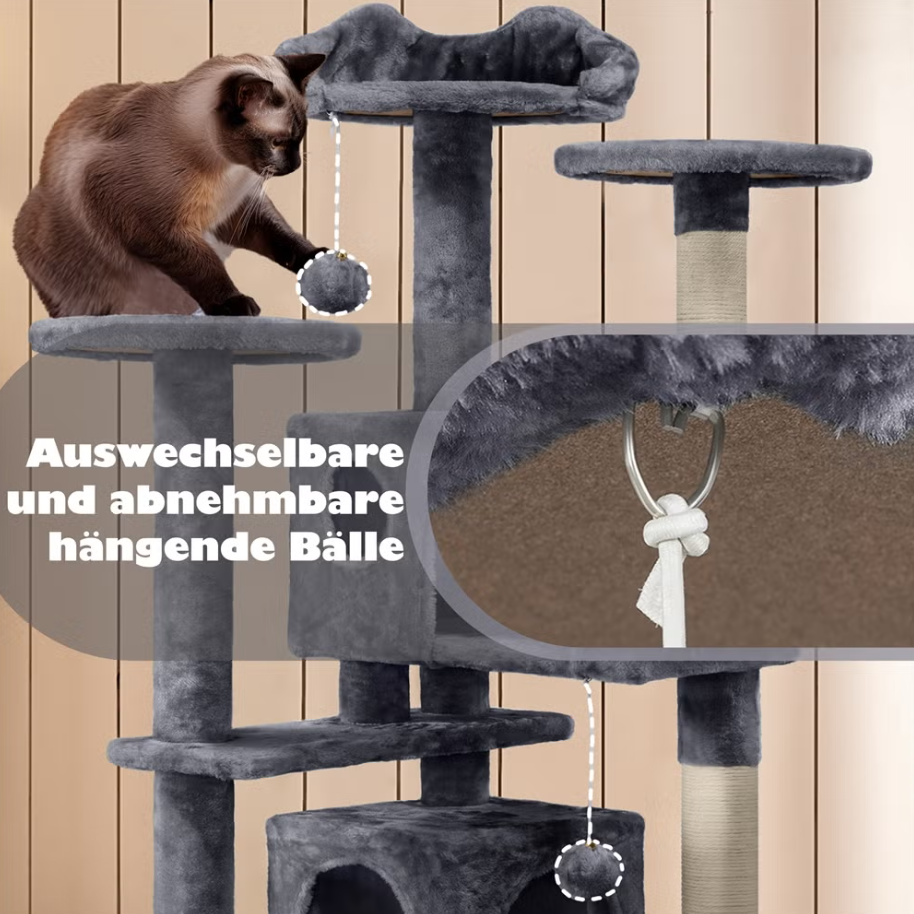 Yaheetech Krabpaal - 3 Uitkijkplatforms - 2 Kattenholletjes - 49 x 49 x 139 cm - Donkergrijs