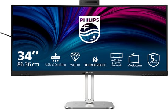 Philips 6000 serie 34B2U6603CH - Gebogen Ultrawide Monitor - Webcam - Thunderbolt 4 - USB-C 100w - Smart KVM - 34 inch