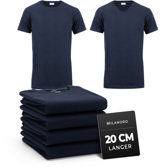 Milanoro - 4-pack extra lange katoenen T-shirts - Navy - Ronde hals - S