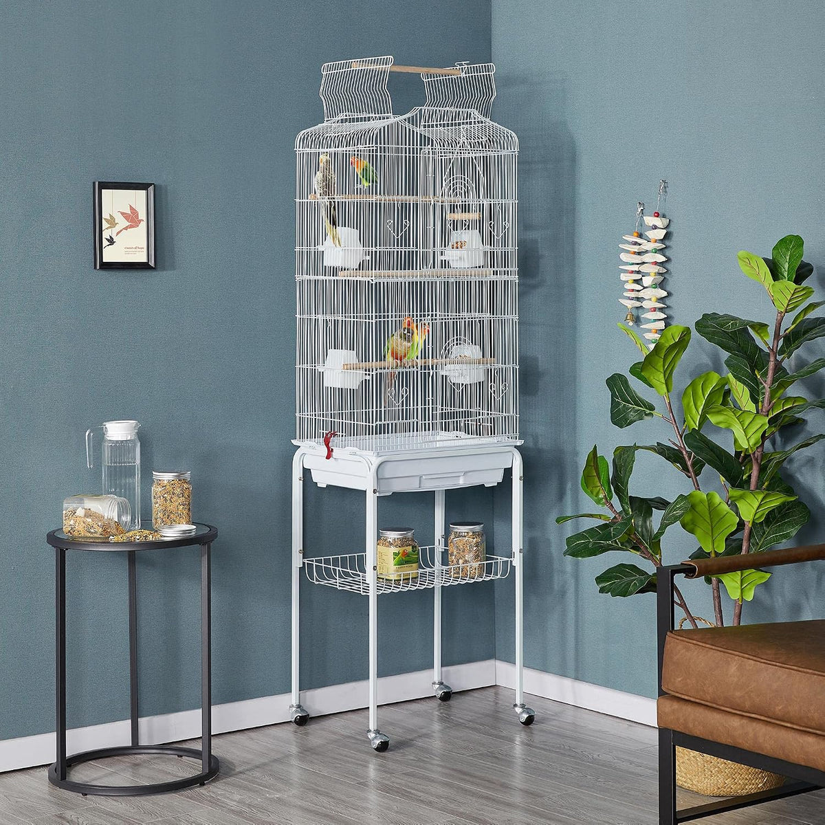 Yaheetech XXL Vogelkooi met Standaard - 46 x 35,5 x 158 cm - Wit