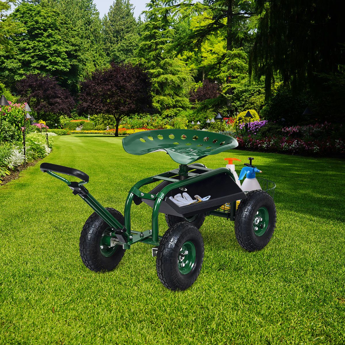 Coast Tuinwagen met verstelbaar handvat - ergonomische zitting - opbergmand en gereedschapsbakken - groen