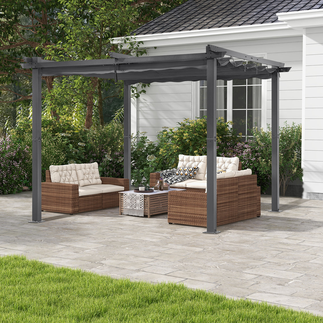 Angel Living Aluminium Pergola met Verstelbaar Uitschuifbaar Dak - 3 x 3 m - Grijs/Antraciet