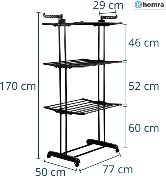 Homra Inklapbaar Wasrek - met Wieltjes - 45m Droogruimte - 77x50x170 CM - Zwart