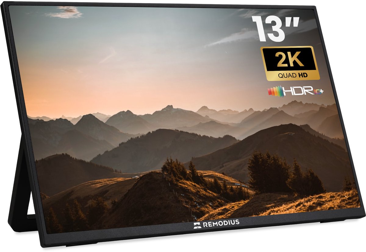 Remodius Draagbare Monitor - 13 Inch 2K IPS - USB-C en Mini HDMI - Met Standaard - Zwart