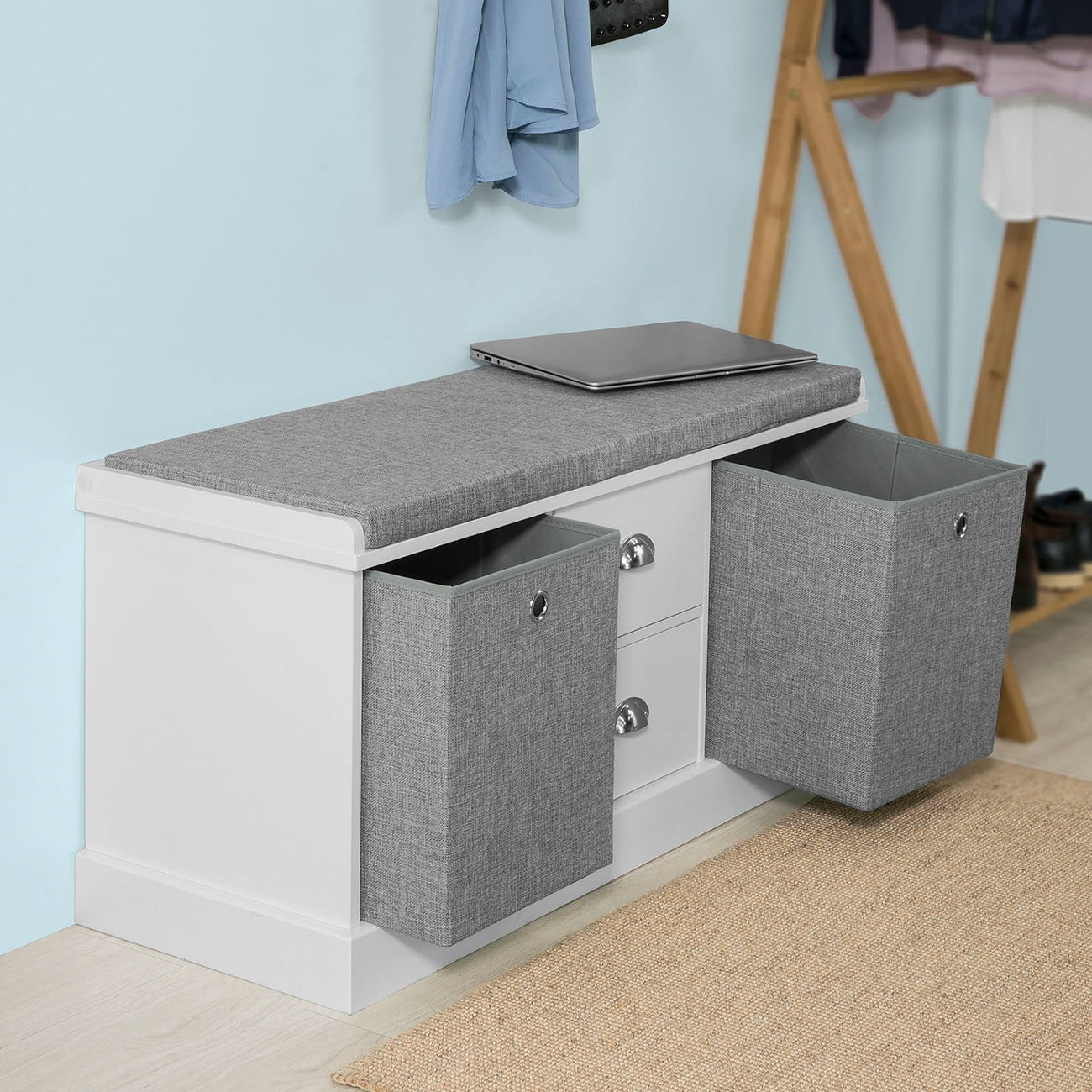 SoBuy Schoenenbank met zitkussen - 4 Lades - 108 x 20 x 41 cm - Grijs/ Antraciet