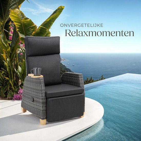 tectake® - Wicker buitenfauteuil - Stoel met hoge rugleuning - Voetsteun en verstelbare rugleuning - Relaxstoel met ligfunctie - Loungemeubel voor tuin - Ligstoel - Leesstoel - Incl. ruimte voor beker/glas