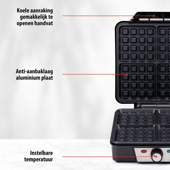 alpina Wafelijzer - Brusselse Wafels - Antiaanbaklaag - 4 Wafels - 1200W