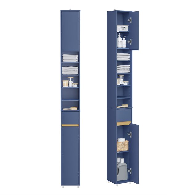 SoBuy Badkamerkasten hoog - Opbergkast met Verstelbare Planken en Lade - Kolomkast Badkamer - Blauw, 20x20x180cm, BZR34-II-B - voor Badkamer, Woonkamer, Slaapkamer