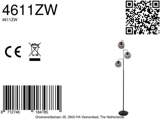 Vloerlamp Bollique 4611ZW van Steinhauer - Stijlvol zwart metaal met 3 smoke glazen bollen, hoogte 173 cm, ronde voet 40 cm, perfect voor binnengebruik