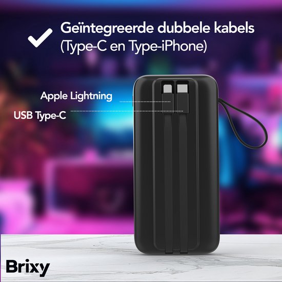 Brixy Powerbank - 20.000 mAh - 22.5W Snellader - LED Display - USB-A/USB-C - Voor O.a. iPhone & Samsung - Zwart
