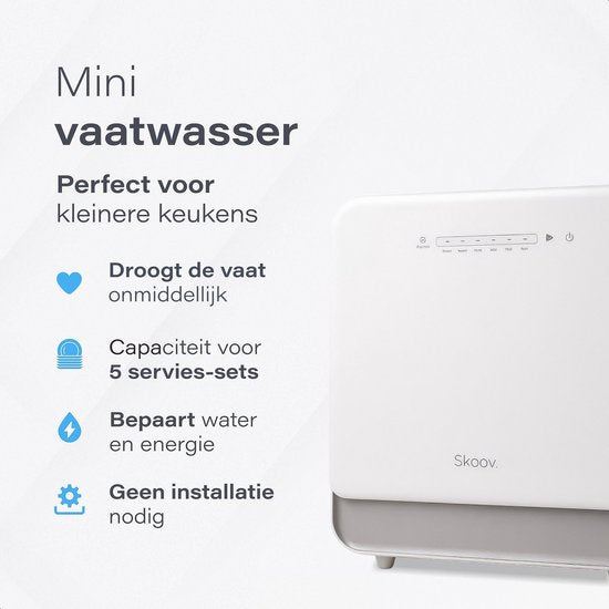 Skoov – Mini Vaatwasser Vrijstaand – 43 x 45 x 46 cm & 900 watt – Voorzien Van 6 Programma's En 5 liter Waterverbruik – Voor Studio's Campers En Kleine Keukens – Wit Kunststof En Metaal
