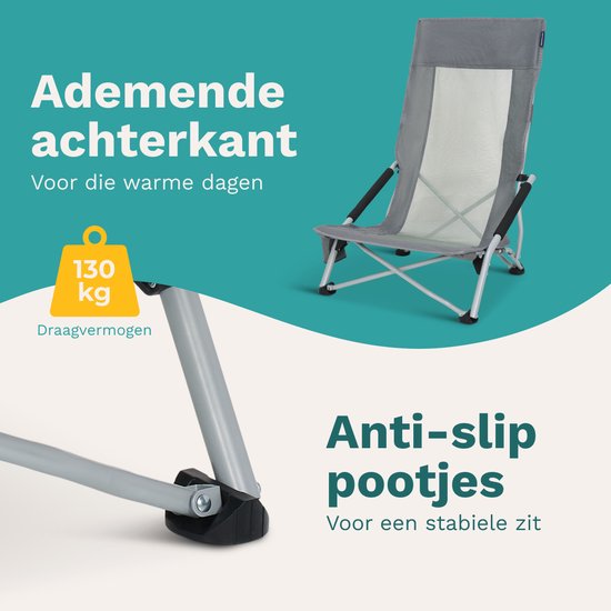 TRVLMORE Strandstoel - Inklapbaar en Opvouwbaar - 130KG Draagkracht - Lichtgewicht - Met Draagtas en Bekerhouder - Hoge Leuning - Grijs