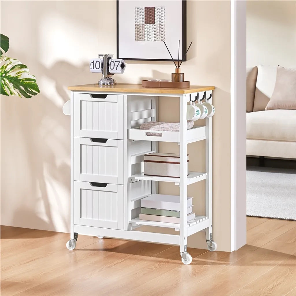 Yaheetech Keukentrolley op Wielen – Wit/Bamboe – 67 x 37 x 84,5 cm – Met 3 Lades en 3 Planken