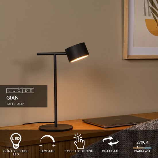 Lucide GIAN - Tafellamp - LED Dimbaar - 1x9W 2700K - Zwart