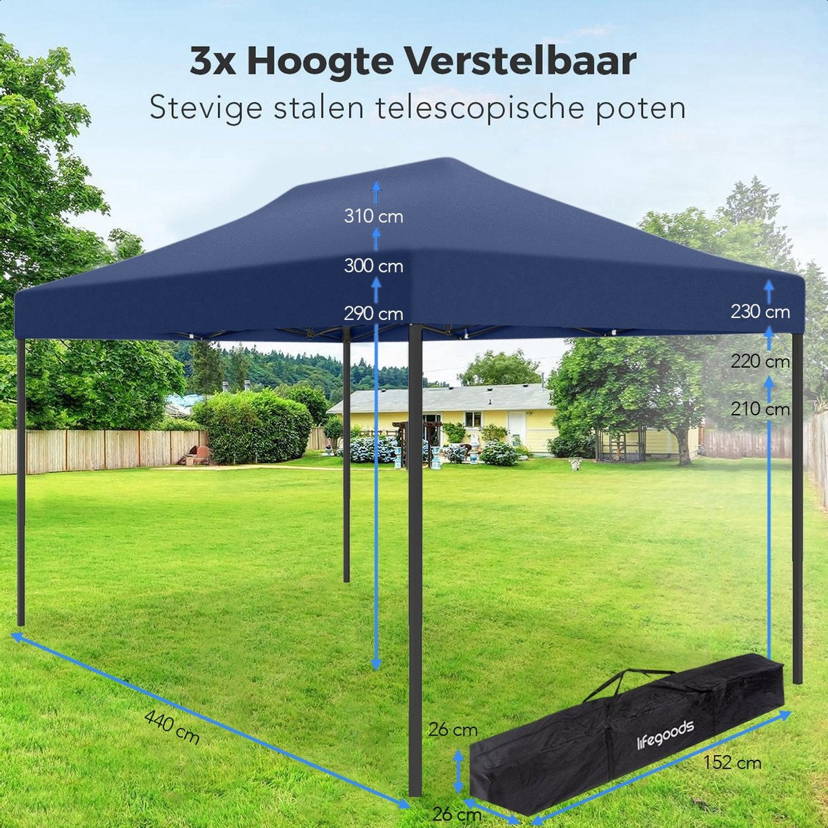 LifeGoods Partytent - Paviljoen - EasyUp - Opvouwbaar - Waterdicht - Met Draagtas met wieltjes - 440 x 297 cm - Donkerblauw