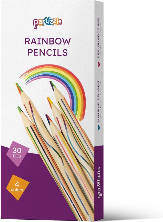 Partizzle 30x Regenboog Kleurpotloden Set - Potlood Uitdeelcadeautjes - Grabbelton Knutselen Traktatie Cadeautjes - Creatief Leren Tekenen & Kleuren - Voor Kinderen en Peuters / Volwassenen