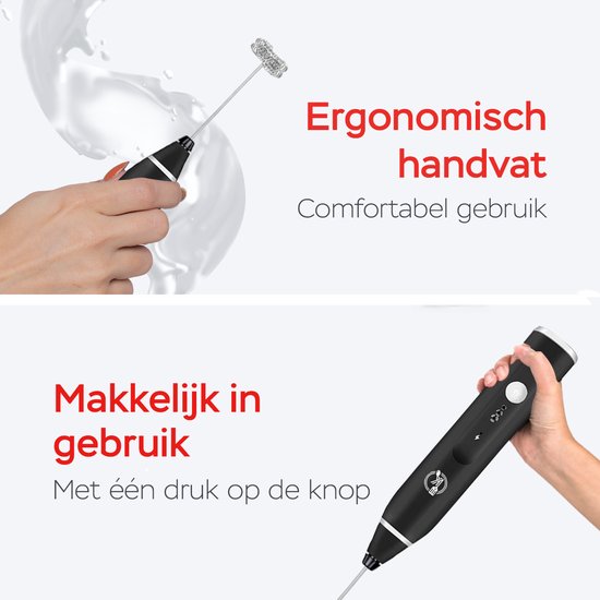 Kitchenwell Elektrische Melkopschuimer - Melkopschuimer handmatig - Melkopklopper - 3 snelheden - Zwart