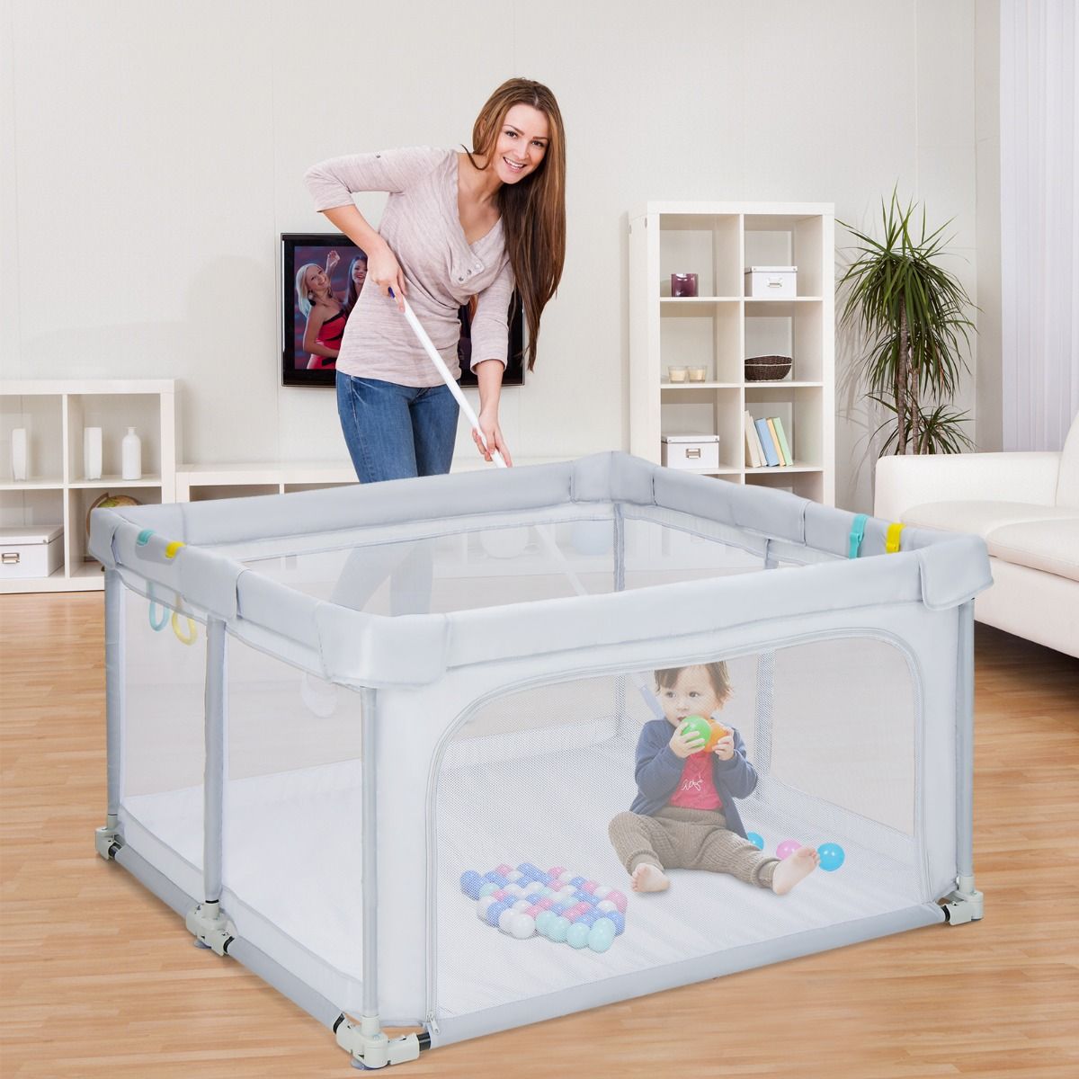 Coast Opvouwbare Babybox 124x124x70 cm Grijs met 50 Oceaanballen en 4 Handgrepen – Oxford Stof, Ademend Gaas