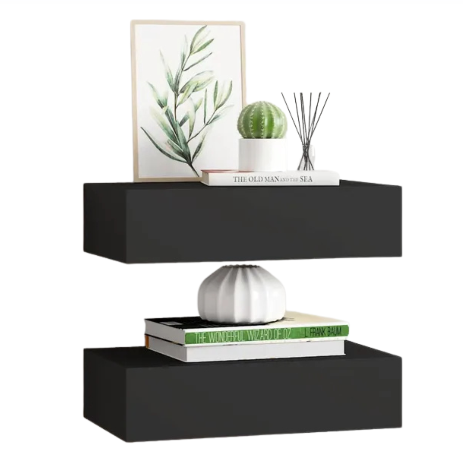 vidaXL Wandplanken met Lade Set van 2 - 40 x 23,5 x 10 cm - MDF en Metaal - Zwart