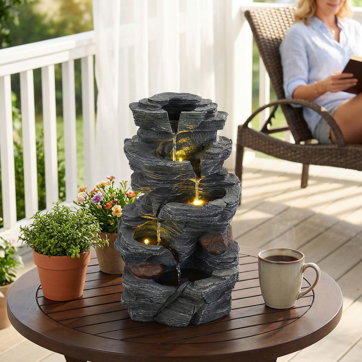 Coast tafelfontein - 5-laags waterval - LED-verlichting - zwart - 27 x 20,5 x 45,5 cm