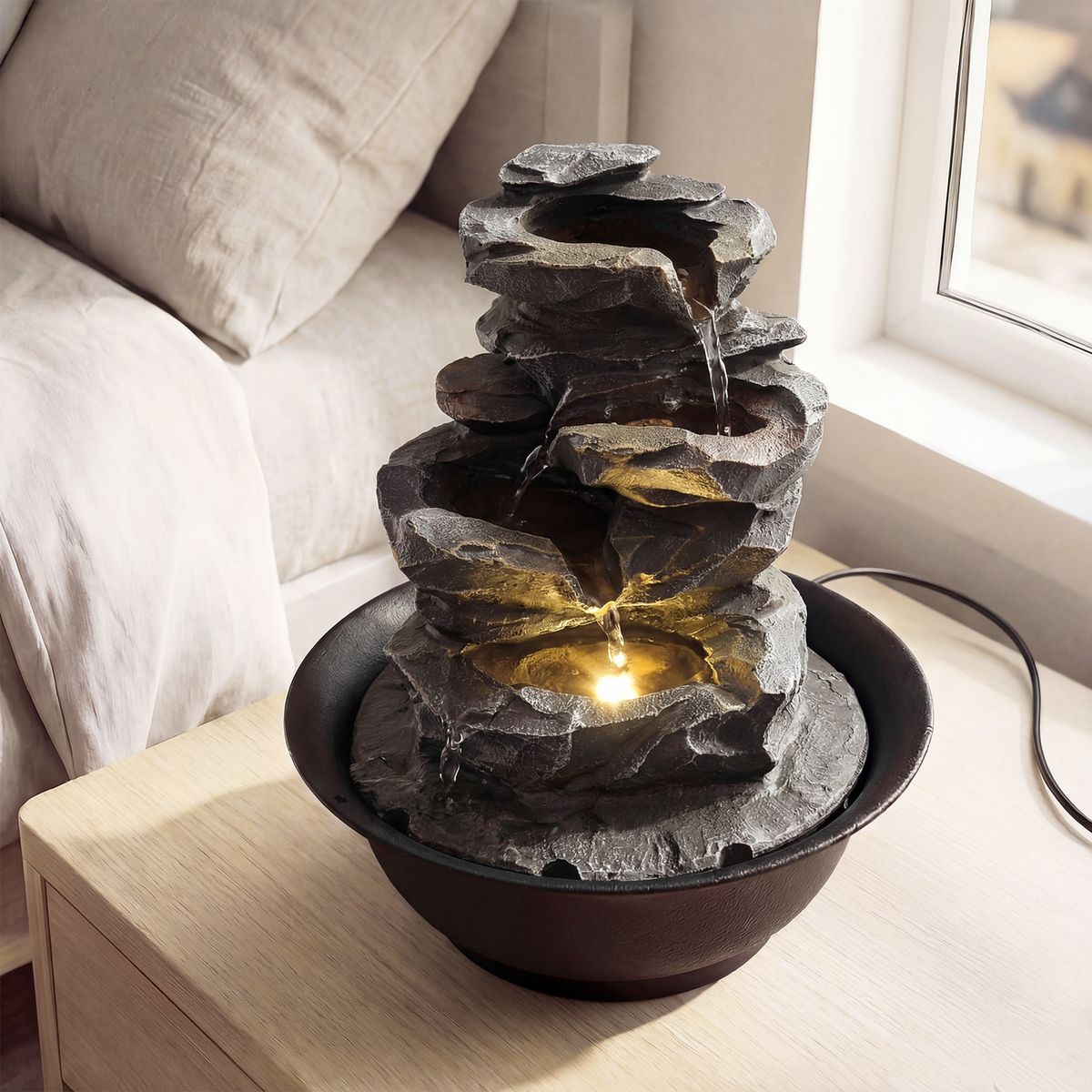 Coast Tafelwaterfontein - waterval met rotslook - LED-verlichting - zwart - 21,5 x 26 cm