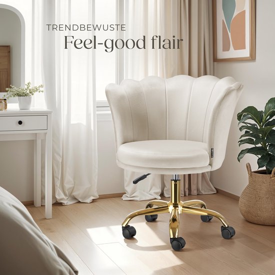tectake® Bureaustoel - In hoogte verstelbaar draaifauteuil met fluwelen bekleding - Ergonomische schelpvorm - Stoel met wielen - Eetkamerstoel op wieltjes - 360° draaibaar - Bureau Stoel - Wit