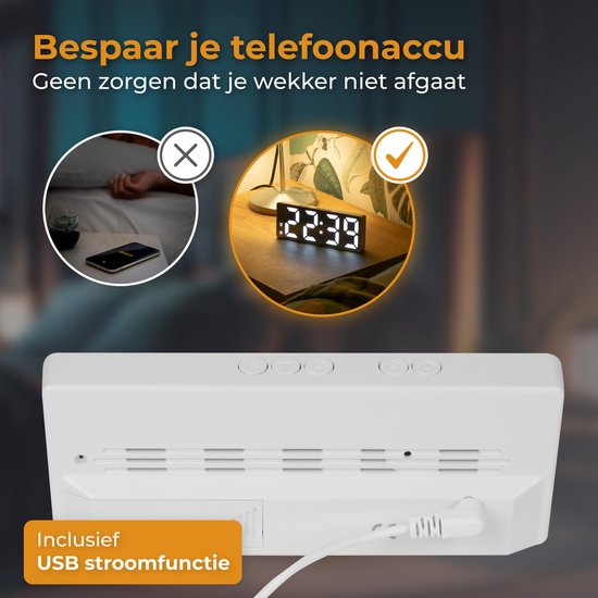 Nuvance - Digitale Wekker - Digitale Klok - Wekkers voor Kinderen & Volwassenen - Reiswekker - Slaapkamer - Led Wekkers Digitaal - Alarmklok - Wit