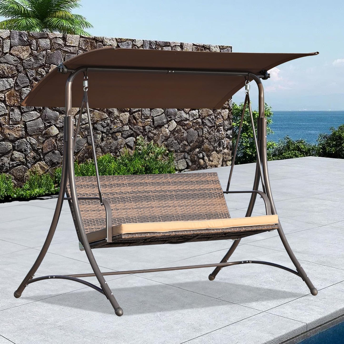 Angel Living - Hollywood schommel - rotan tuinschommel 3 zits - verstelbare zonneluifel - bruin - 170 x 110 x 152 cm