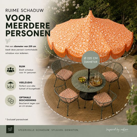 Mica Decorations Kelly Parasol met Draagtas - Stokparasol 238 x Ø235 cm - Tuin of Balkonparasol - Polyester, Staal - Oranje