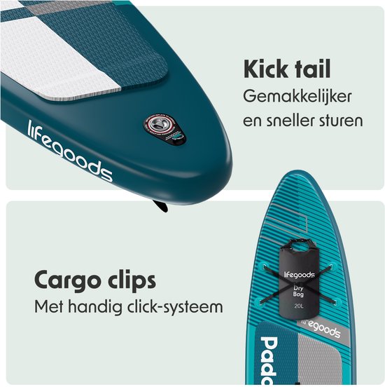 LifeGoods PaddlePro SUP Board Pro - Pro Set - Opblaasbaar Paddle Board - Max. 150KG - 320x81cm - Diep Aqua