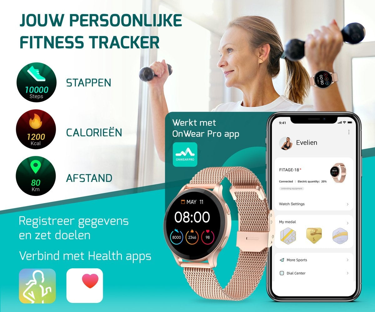 FITAGE Sporthorloge - Smartwatch - Stappenteller Horloge- Smartwatches - Activity Tracker - GPS - Dames en Heren - Roze