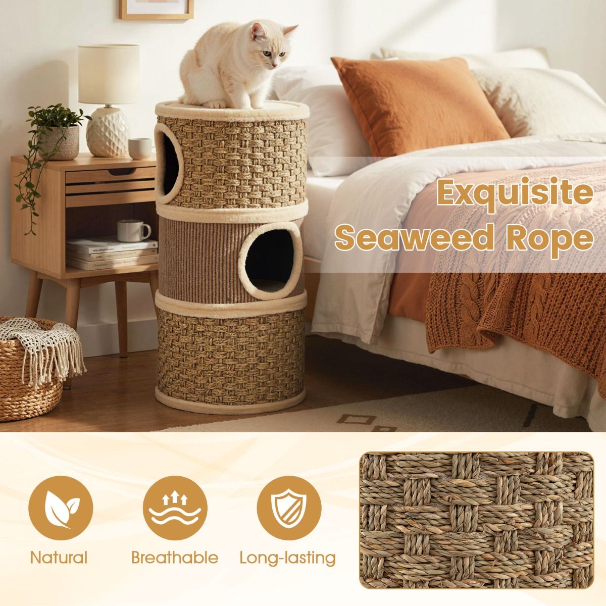 Coast Kattentoren met 3 verdiepingen - sisal krabpaal - knusse slaapplaatsen - kaki en bruin - 36 x 36 x 70 cm