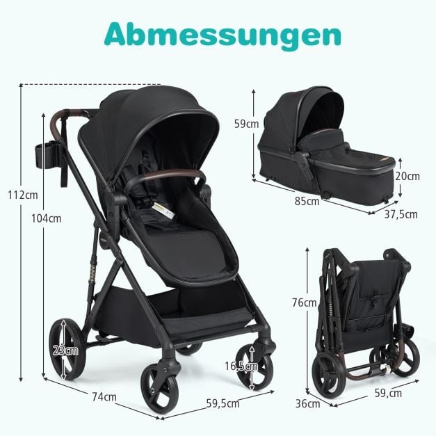 Coast 3-in-1 Kinderwagen – Omkeerbare Reiswieg – 59,5 x 74 x 112 cm – Zwart