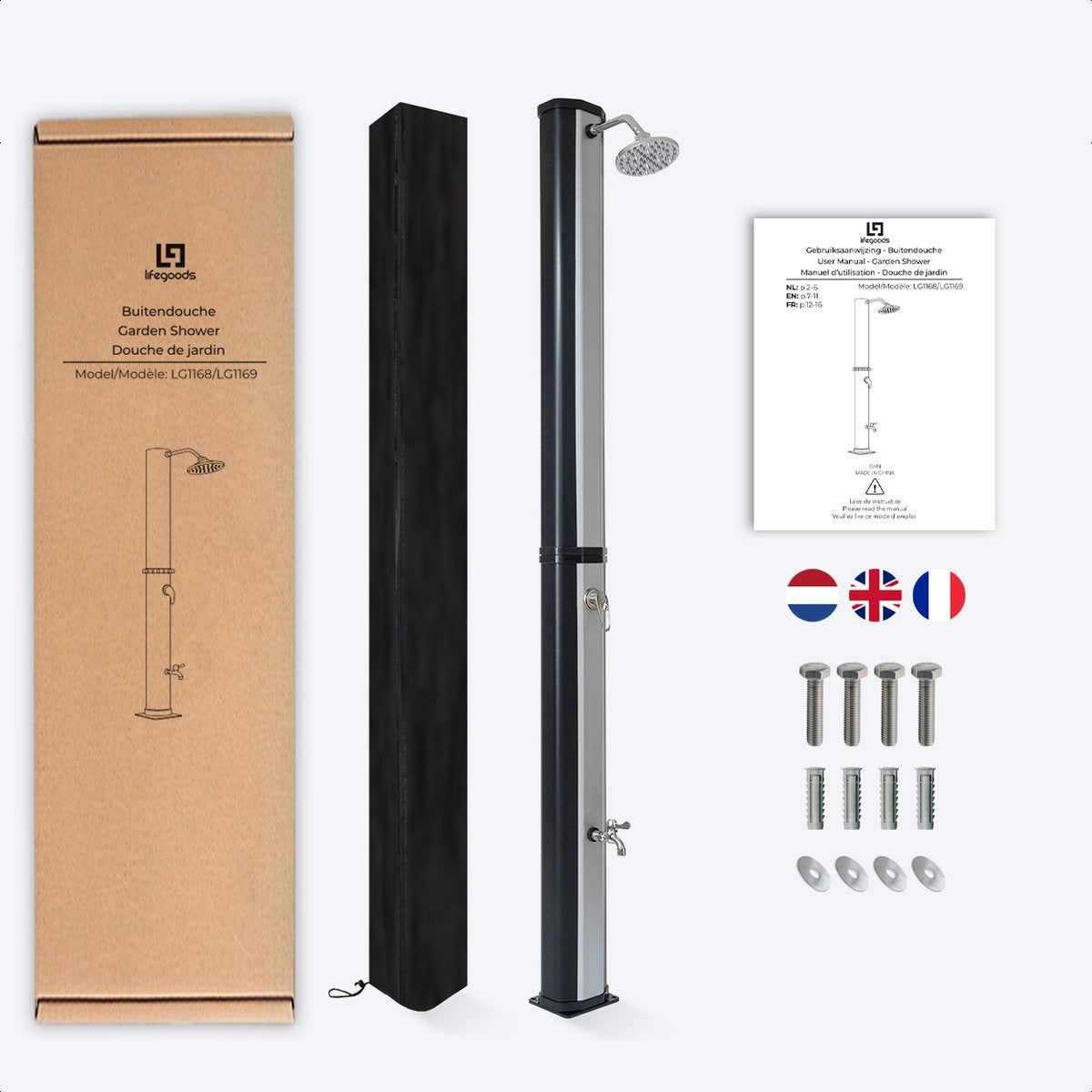 LifeGoods Buitendouche - Solar - 360° Draaibare Douchekop - 35L - Zwart/Zilver