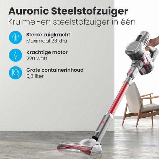 Auronic Steelstofzuiger Draadloos 220W - Draadloze Stofzuiger - HEPA Filter - Zelfstaand - Op Accu - Zonder Zak - Kruimeldief - Vacuum Cleaner - Grijs/Rood